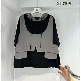 O-ni O-ni進口舒適超透氣羅馬棉帽假2件寬鬆日韓潮款升級版短袖上衣(品質保證)_21010 F 灰色