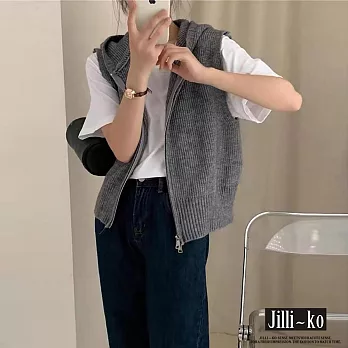 【Jilli~ko】雙拉鍊無袖坎肩連帽針織開衫 J12131  FREE 灰色