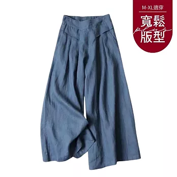 【慢。生活】半鬆緊中腰薄款棉麻九分闊腿褲 123  FREE 藍色