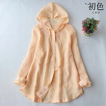 【初色】純色簡約遮陽防曬輕薄透氣抽繩連帽長袖排扣空調外套女外套-共4色-12590(M-2XL可選) M 淡黃色