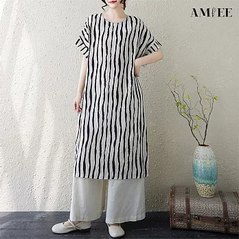 【AMIEE】棉麻寬鬆短袖條紋過膝連衣裙洋裝(KDDY-8131) FREE 大白條紋