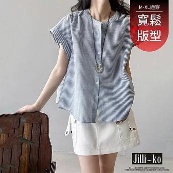 【Jilli~ko】法式條紋圓領溫柔風短袖襯衫 9805  FREE 藍色