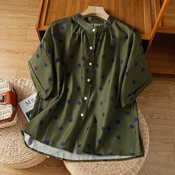 【ACheter】 寬鬆大碼拼色圓點短袖襯衫上衣# 125512 M 綠色