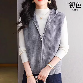 【初色】純色針織開衫拉鍊連帽短款無袖背心女背心外套女外套-共5色-15361(F可選) F 灰色