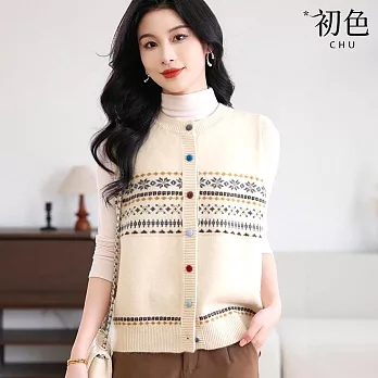 【初色】日系純色圓領圖騰針織單排釦無袖毛衣坎肩背心女背心-共5色-15436(F可選) F 米白色