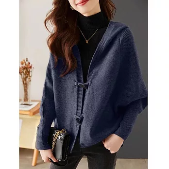 【MsMore】 毛衣外套氣質時尚牛角扣蝙蝠袖寬鬆針織# 125548 FREE 藏青色
