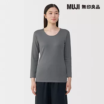 【MUJI 無印良品】女棉保暖厚織U領八分袖T恤 S 灰白