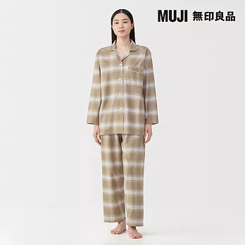 【MUJI 無印良品】女無側縫法蘭絨長袖家居睡衣 S 淡棕格紋