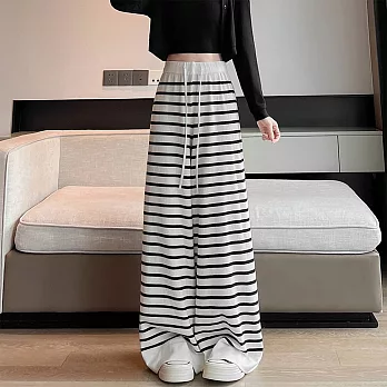 【MsMore】 慵懶風條紋針織寬褲鬆緊腰顯瘦休閒拖地長褲# 125789 M 白色