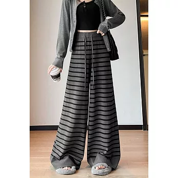 【MsMore】 慵懶風條紋針織寬褲鬆緊腰顯瘦休閒拖地長褲# 125789 M 灰色