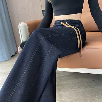 【MsMore】 復古窄版直筒牛仔褲鬆緊高腰大碼顯瘦寬鬆長褲# 126194 M 藍色