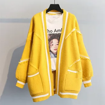 【MsMore】 拼色針織衫慵懶風毛衣外套# 126230 FREE 黃色