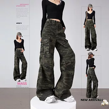 【MsMore】 美式復古迷彩多口袋工裝微喇高腰寬鬆顯瘦闊腿褲# 126236 S 綠色