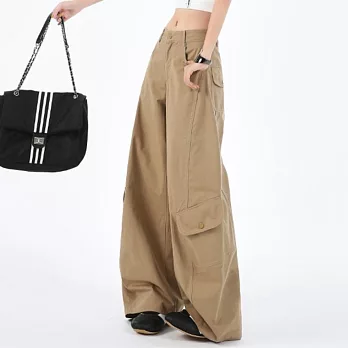 【MsMore】 美式復古辣妹彎刀褲百搭顯瘦多口袋休閒褲# 126237 S 卡其色