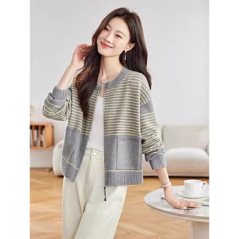 【MsMore】 慵懶風條紋毛衣外套長袖圓領針織# 126238 FREE 灰色