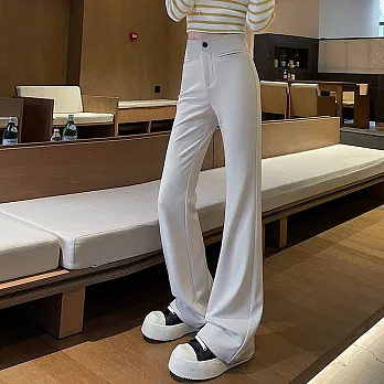 【MsMore】 彈力微喇褲貼腿垂感西裝顯瘦修身休閒喇叭褲# 126240 M 米白色