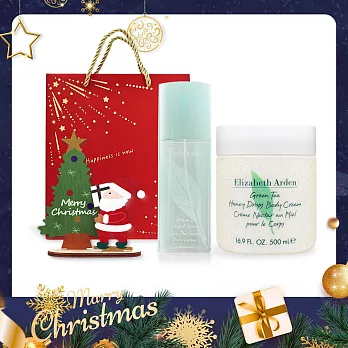 ARDEN 雅頓 綠茶香氛聖誕限定組[綠茶淡香水(100ml)+蜜滴舒體霜(500ml)(兩款可選)+木質擴香擺飾]附品牌禮袋-聖誕交換禮物-國際航空版 沐湯