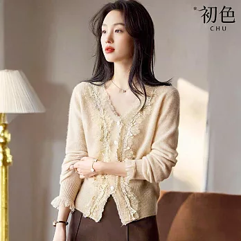 【初色】法式輕奢風拼接蕾絲羽毛修身顯瘦V領排釦長袖針織衫上衣女上衣-共4色-16204(F可選) F 米駝色