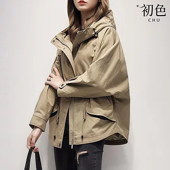 【初色】韓版率性短款寬鬆純色連帽長袖工裝風衣外套女外套-共2色-16376(M-2XL可選) M 卡其色