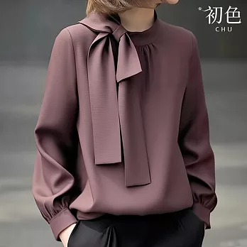 【初色】法式純色圓領綁帶蝴蝶結寬鬆長袖上衣女上衣-豆沙色-16480(M-2XL可選) M 豆沙色