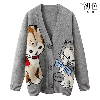 【初色】童趣風寬鬆休閒可愛動物毛衣單排三粒扣V領長袖針織衫外套女外套-共2色-16587(F可選) F 灰色