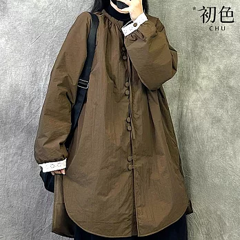 【初色】新中式拼色寬鬆中長款圓領長袖開衩襯衫上衣女上衣-共2色-16703(L-2XL可選) L 咖色