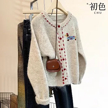 【初色】休閒寬鬆文藝刺繡小狗圓領長袖針織開衫毛衣外套女外套-灰色-17399(F可選) F 灰色