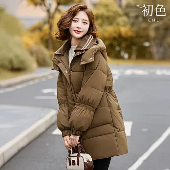 【初色】純色連帽立領長袖收腰中長款保暖棉服外套女外套-共5色-18483(M-3XL可選) M 咖啡色