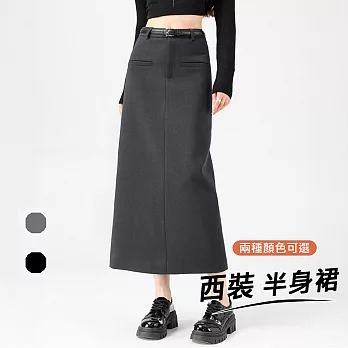【初色】簡約休閒通勤修身收腰開叉包臀西裝裙A字裙中長裙半身裙-共2色-18572(M-2XL可選) M 灰色
