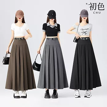 【初色】極簡純色高腰垂感顯瘦百褶半身裙中長裙長裙-共3色-18539(M-2XL可選) M 灰色