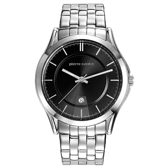 pierre cardin皮爾卡登   極度時尚日期腕錶-銀框黑-鋼帶款
