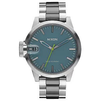 NIXON CHRONICLE 44 太空膠囊交錯時尚腕錶-銀湖水綠X雙色錶帶