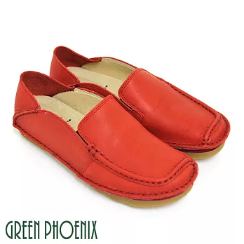◤Green Phoenix◥率性樸實極簡素面套入式臘感牛皮兩穿平底休閒鞋36紅色