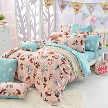 義大利Fancy Belle X DreamfulCat《愛麗絲茶會-粉》加大四件式防蹣抗菌舖棉兩用被床包組