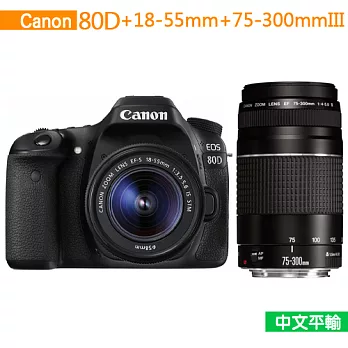Canon EOS 80D+18-55+75-300mm III *(中文平輸)-送64G-C10+副鋰電池+單眼雙鏡包+中腳+減壓背帶+專屬快門線+大吹球+清潔組+硬保80D