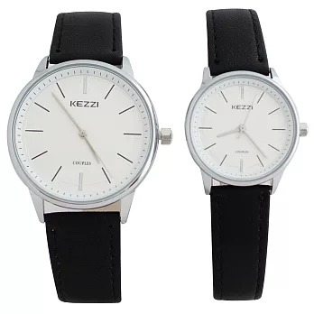 KEZZI珂紫 K-1516 S 素雅錶面設計精緻銀針情侶對錶-大型/小型- 銀框黑帶(小型)