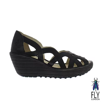 Fly London(女)Yad 鏤空真皮造型楔型高跟鞋 - EU37黑