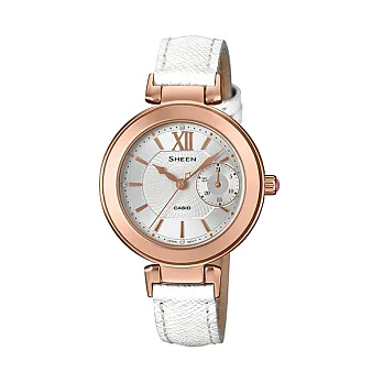 CASIO SHEEN 面紗下的豔后之美優質女性時尚腕錶-白+玫瑰金-SHE-3051LTD-7A