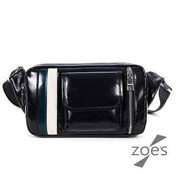 【Zoe’s】頂級牛皮  油蠟皮  雙色拉鍊腰包(紳士黑)
