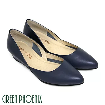 ◤Green Phoenix◥極簡素面皮革壓花紋全真皮小坡跟尖頭鞋US6藍色