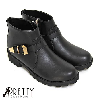 【Pretty】個性金屬裝飾側拉鍊低跟短靴JP23黑色