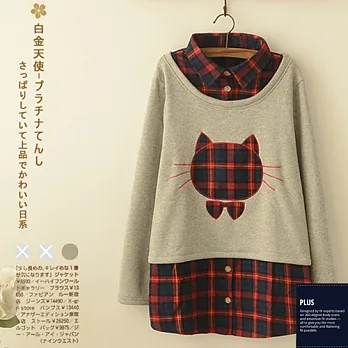 SCL T17174 日系精品保暖假兩件格子上衣 M灰色