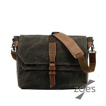 【Zoe s】歐美自由行 蠟染帆布X瘋馬皮郵差掀蓋包(軍綠)