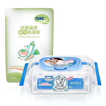 貝恩Baan NEW嬰兒保養柔濕巾80抽24入/箱+Nac Nac奶瓶清潔劑補充包600ml