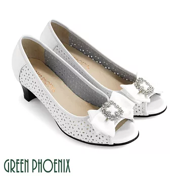 ◤Green Phoenix◥緞面蝴蝶結方形水鑽花紋孔洞全真皮中跟魚口鞋US5米色
