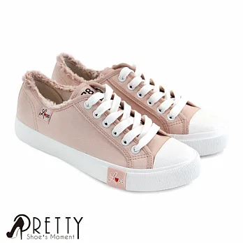 【Pretty】LOVE刷破鬚邊綁帶休閒帆布鞋EU36粉紅色