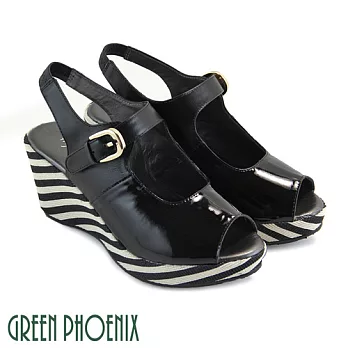 ◤Green Phoenix◥歐美鏤空一字金屬扣環全真皮楔型魚口涼鞋EU35黑亮