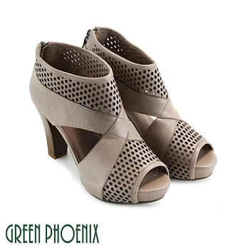 ◤Green Phoenix◥雷射雕花交叉鏤空全真皮高跟魚口涼鞋EU34芋色