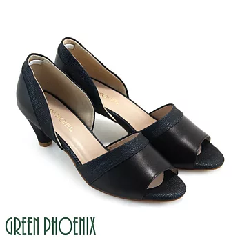 ◤Green Phoenix◥皮革壓紋雙彩撞色光澤全真皮中跟魚口鞋US5黑色