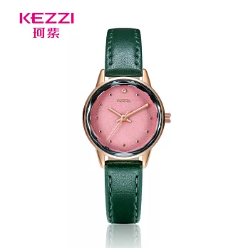 KEZZI珂紫 K-1774 小清新點鑽刻度星芒切玻皮帶錶- 綠色